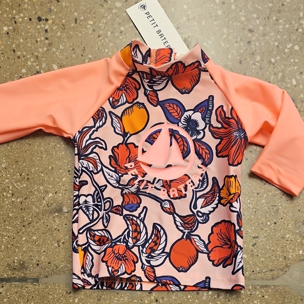 Petit Bateau Kids Swim Rash Guard - Pink and Orange Floral